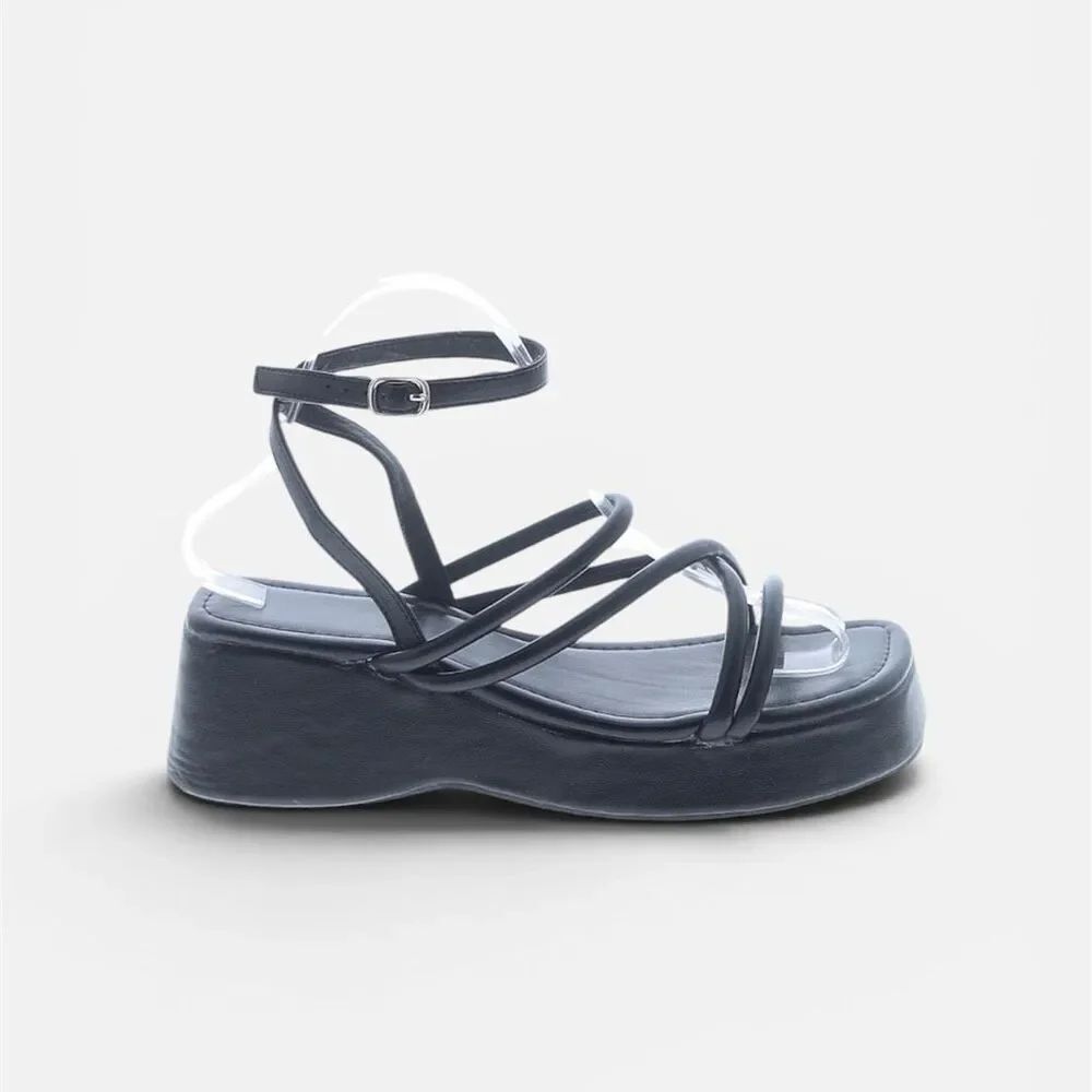Black Ankle Strappy Mary Janes Platform Chunky Sandals Wedge 38 8